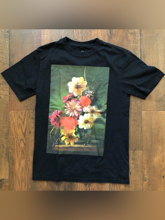 Tops - Black tee shirt with floral appliqué print, size XS